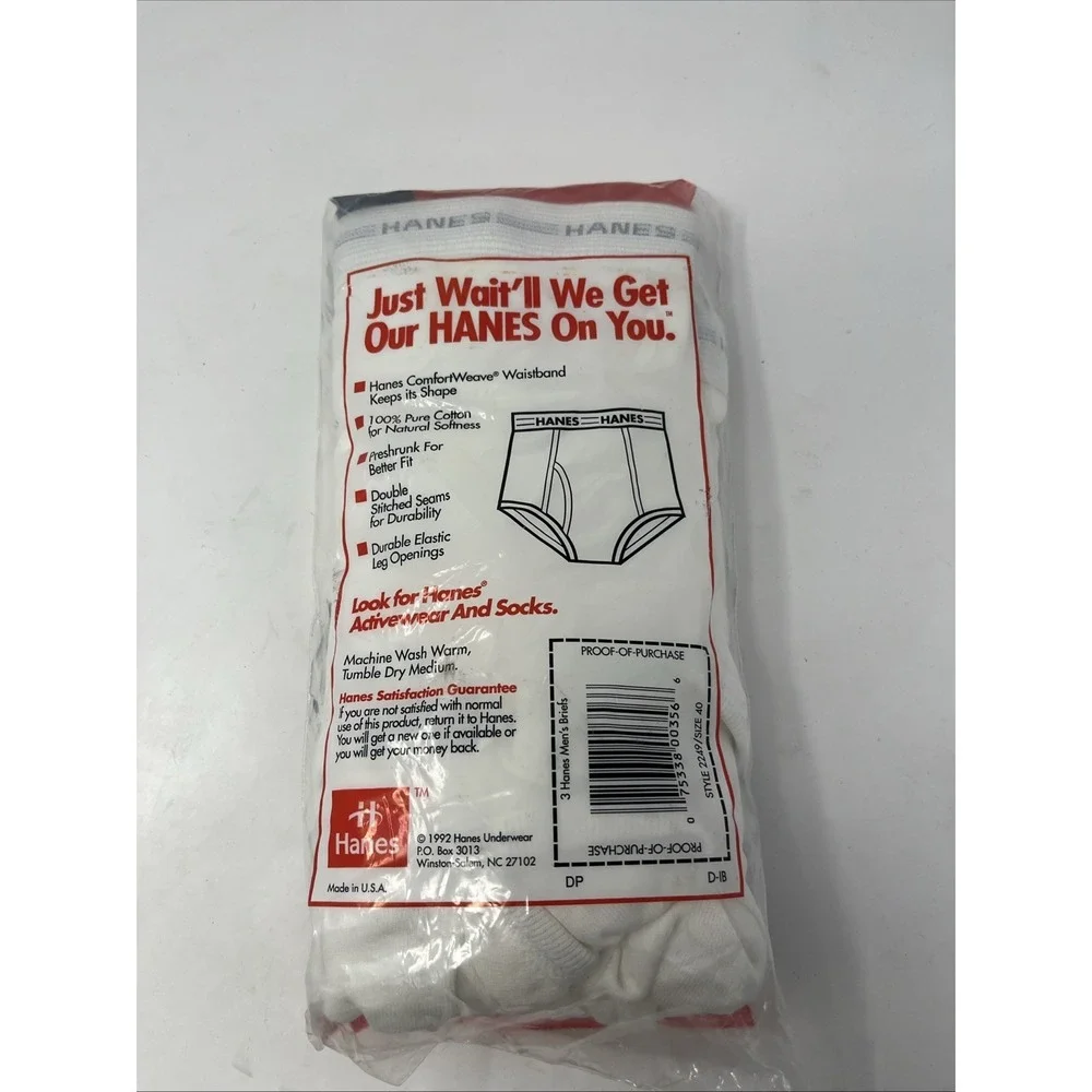 VTG Hanes Mens Briefs‎ Sz 40 100% Cotton 3 Pair Tighty Whities Made USA NOS 1992